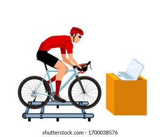 Indoor - Home Trainer Roller Cyclist With Laptop Computer. Coronavirus Covid19 Social Distance. Social Isolation. Vectoral Illustration. White Background Isolated.