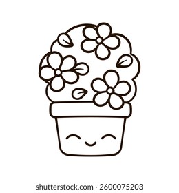 Indoor house plant, kawaii flower pot cute cartoon outline line art illustration. Gardening farming agriculture coloring book page activity worksheet for kids