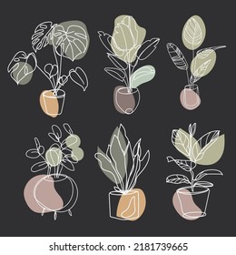 Indoor house plants Line drawing on dark background vector set.Collection of potted plants in Minimal art style hand drawing.Houseplants abstract drawing in neutral natural colors