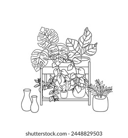 Indoor houseplants in pots on stand. Sketch, outline monster cactus home decor. Vector illustration with editable stroke for coloring book and design. 