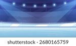 Indoor ice skating rink with glowing spotlights, cartoon style, audience in background, concept of winter sports and performance venue. Vector illustration