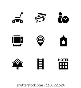 indoor icon. 9 indoor set with credit cards payment, dog, furniture and household and gps vector icons for web and mobile app