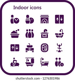  indoor icon set. 16 filled indoor icons. Simple modern icons about  - Bowling, Fireplace, Elevator, Bathtub, Sink, Window, Stationary bike