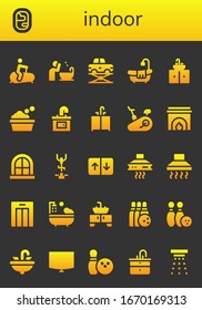indoor icon set. 26 filled indoor icons.  Simple modern icons such as: Stationary bike, Window, Basin, Elevator, Bathtub, Sink, Fireplace, Extractor hood, Hood, Lift, Bowling