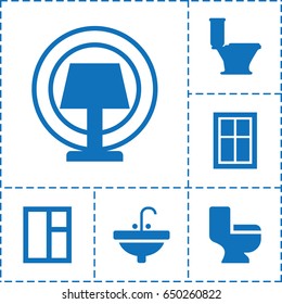 Indoor icon. set of 6 indoor filled icons such as window, toilet, sink