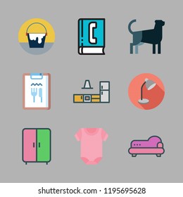 indoor icon set. vector set about pijama, paint bucket, phone book and desk lamp icons set.
