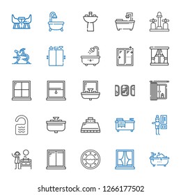 indoor icons set. Collection of indoor with bathtub, window, sink, thermostat, hood, room, windows, elevator, stationary bike, furniture. Editable and scalable indoor icons.