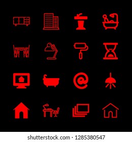 indoor icons set with presentation podium with a microphone, time control tool and home vector set