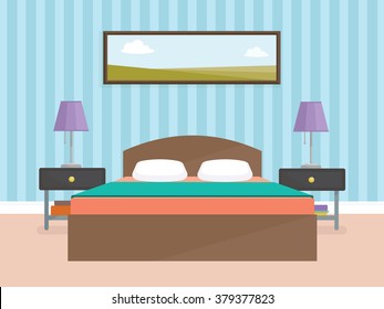 Indoor Interior Design Modern Bedroom - Flat Style  Vector Illustration