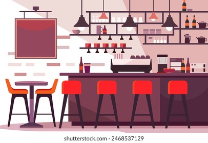 Paisaje interior interior en Café Restaurante con barra y mesa de silla para Cliente