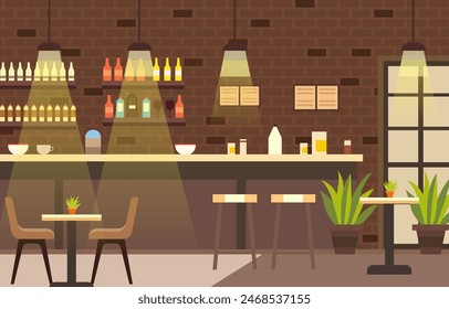 Indoor Interior Landscape in Cafe Restaurant with Bar and Chair Table for Customer