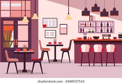 Indoor Interior Landscape in Cafe Restaurant with Bar and Chair Table for Customer