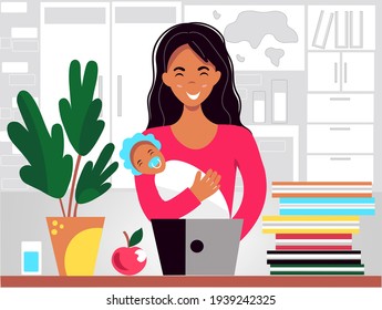 Indoor job, remote work concept. A girl freelancer with a laptop.  A young mother with a baby in her arms works at home or coworking space