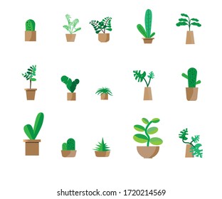 Indoor landscape garden potted plants isolated on white. Vector set green plant in pot.