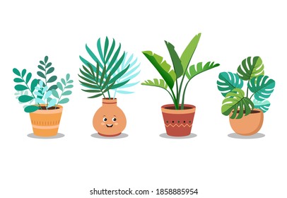 Indoor landscape garden potted plants isolated on white. Vector set of house indoor green plants in cartoon style. Green natural decor for home and interior. Cute trendy houseplants in pots and vases