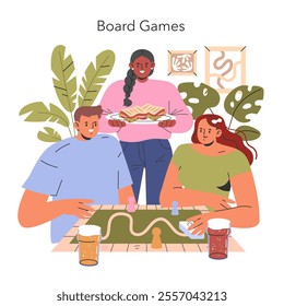 Indoor Leisure concept. Friends gathered for board games, enjoying snacks and drinks, in a cozy room with houseplants. Vector illustration.