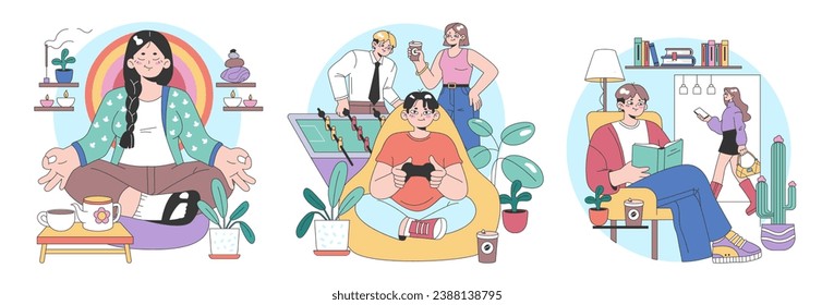 Momentos de ocio en el interior. La mujer medita con el té, los colegas disfrutan de una pausa para futbolín, el hombre se sumerge en un libro, y una dama pasa por el cactus. Las pausas casuales en el lugar de trabajo. Ilustración vectorial plana