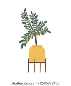 Indoor lemon in a pot on an isolated background. Houseplant with fruits on branches. Houseplant for interior decoration. Flat vector illustration.
