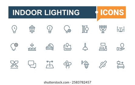 Indoor Lighting icons. Includes thin line illumination, ecology, electricity, art, energy, ceiling, graphic, innovation. Thin outline icons pack. Editable stroke. Vector illustration.