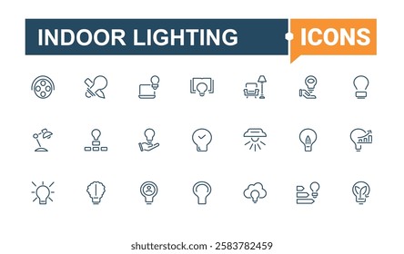 Indoor Lighting icons. Includes thin line illumination, ecology, electricity, art, energy, ceiling, graphic, innovation. Thin outline icons pack. Editable stroke. Vector illustration.