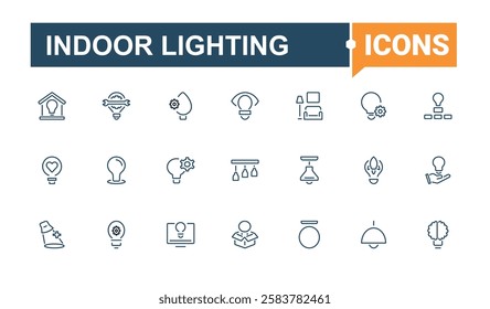 Indoor Lighting icons. Includes thin line illumination, ecology, electricity, art, energy, ceiling, graphic, innovation. Thin outline icons pack. Editable stroke. Vector illustration.