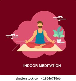 Indoor Meditation With Young Man Wearing Blue Shirt And Red Pant Sitting And Doing Yoga Of Meditation Flat Concept Design