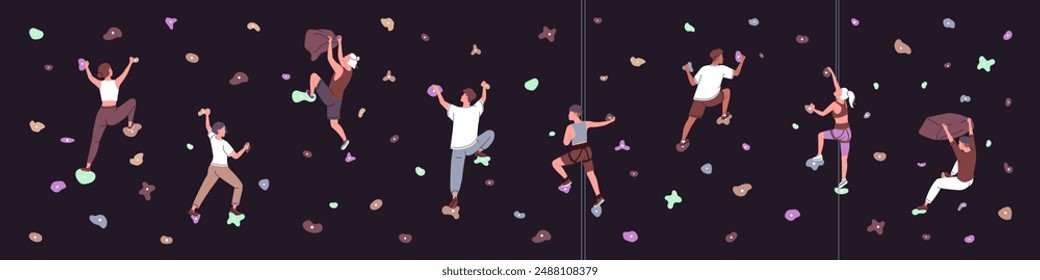 Indoor mountaineering, alpinism. Climbers bouldering, climbing up with equipment, belaying. People training, hanging on artificial rock wall, grap on stones on mountain. Flat vector illustration