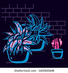 indoor neon plant in a pot on a dark brick wall background