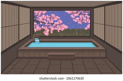 Indoor Onsen Hot Spring with  Beautiful nature view in Spring season. vector