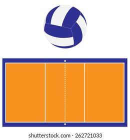 Indoor orange and blue volleyball court and blue and white volleyball ball vector set isolated