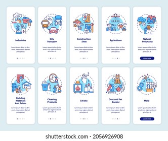 Indoor and outdoor air pollution onboarding mobile app page screen with concepts set. Contaminants walkthrough 5 steps graphic instructions. UI, UX, GUI vector template with linear color illustrations