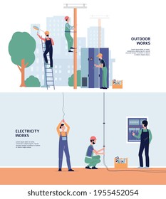 Indoor and outdoor electrical work banners or flyers flat vector illustration.