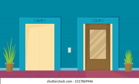 Indoor and outdoor elevator in the building. flat vector illustration