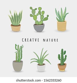 Indoor and outdoor landscape garden potted plants isolated on white. Vector set green plant in pot, illustration.