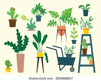 Indoor and outdoor landscape garden potted plants isolated on white. Vector set green plant in pot, illustration of flowerpot bloom