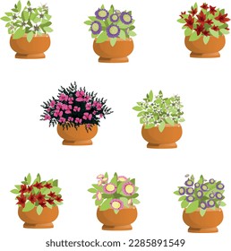 Indoor and outdoor landscape garden potted plants isolated on white. Vector set green plant in pot, illustration of flowerpot bloom