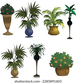 Indoor and outdoor landscape garden potted plants isolated on white. Vector set green plant in pot, illustration of flowerpot bloom