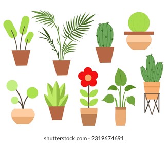 Indoor and outdoor landscape garden potted plants isolated on white. Vector set green plant in pot, illustration of flowerpot bloom