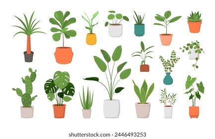 Plantas en macetas de jardín de interior y exterior aisladas en blanco. Conjunto de Vector planta verde en maceta, ilustración de flowerpot flor