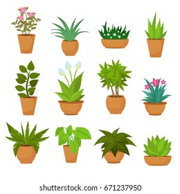 Indoor and outdoor landscape garden potted plants isolated on white. Vector set green plant in pot, illustration of flowerpot bloom - Shutterstock ID 671237950