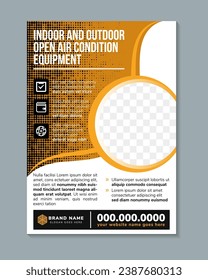 indoor and outdoor open air conditioner equipment flyer design template. air condition problem solutions service brochure. space for photo with dot circle haltfonte pattern. white background
