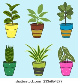 Plantas interiores y exteriores. aislar con ollas ilustraciones coloreadas al estilo de las caricaturas.