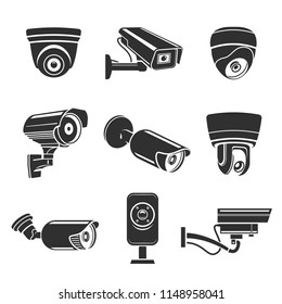 Indoor and outdoor security cameras vector icon set. Collection of illustrations: 9 digital security cameras in black and white colors with visible viewfinder or observer. Flat isolated design.