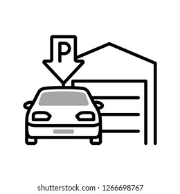 Indoor parking vector linear illustration with a car near covered parking garage isolated on white.