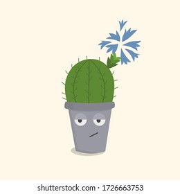 Indoor plant. Blooming cactus in a pot. Emotion of discontent. Cute vector illustration. Kawaii character.