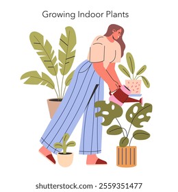 Indoor Plant Care concept. A woman engages in her home gardening hobby, watering various potted houseplants. Serene domestic botany scene. Vector illustration.