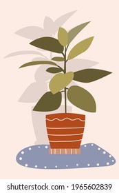 Indoor plant in a clay pot. Minimalist boho poster with houseplant on beige background. vector cartoon illustration. Comtemporary wall art, t shirt print, garden shop flyer etc