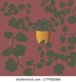 Indoor plant in a gold flowerpot. Green leaves on a red background. For decor, fabric or book cover, wallpaper, design, art, print.