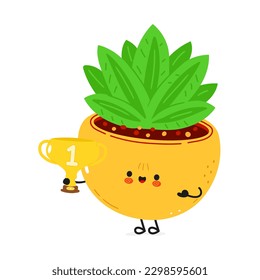 Planta interior sostiene una taza de trofeo de oro. Caricatura dibujada a mano del vector icono de ilustración del personaje kawaii. Aislado sobre fondo blanco. Planta interior con copa de trofeo ganador