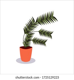 Indoor plant palm leaves in a flower pot. Decorative element for home interior, concept Stay at home.Vector illustration on isolated white background. Flat style